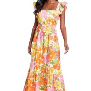 London Times Women's Elastic Ruffle Sleeve Square Neck Maxi Dress Easy Summer Fun Vacation, Ivory/Hot Pink -