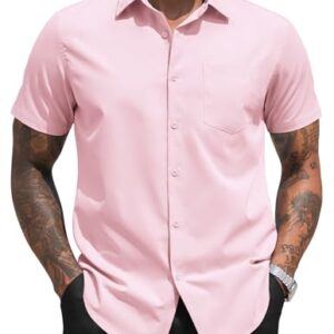 COOFANDY Men Dress Shirt Summer Evening Regular Fit Polyester Stretchy Button Down Shirts with Chest Pockets Pink XXXXXL 5XL -