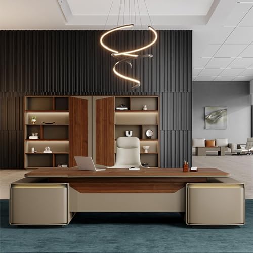 HONGYISHI Wood Modern Executive Office Desk, Computer Desk with Lateral Cabinet, Writing Study Table Business Furniture Set for CEO Boss -