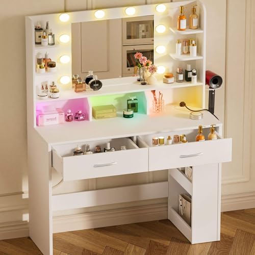 COMHOMA Vanity Desk with Lighted Mirror and Power Outlet, RGB LED Lights Makeup Vanity Set for Girls, Large Storage Capacity Dressing Table for Bedroom, 3 Lighting Modes Adjustable Brightness, White -