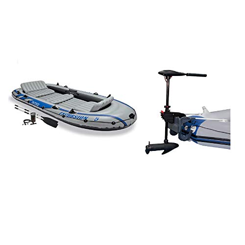 Intex Excursion 5 Inflatable 5 Person Boat and Accessories Set for Outdoor Fishing and Boating Bundled with 8 Speed Transom Mount Trolling Motor -