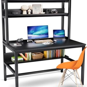 Computer Desk with Hutch and Bookshelves, Large Leg Room 47 inch Width Black Desk with Space Saving Storage Shelves for Home Office,Study, Work, Easy Assemble and All Hardware and Tools Included -