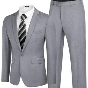COOFANDY Men 2 Piece Suit Jacket Dress Business Blazer Tuxedo Wedding Suit Pant, Light Grey, Large -