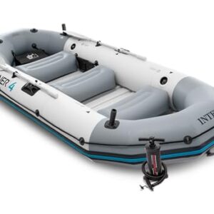INTEX 68376EP Mariner 4 Inflatable Boat Set: Includes Deluxe 54in Boat Oars and High-Output Pump – Wear-Resistant Keel – Removable Fishing Rod Holders – 4-Person – 1100lb Weight Capacity -