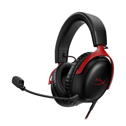 HyperX Cloud III – Wired Gaming Headset, PC, PS5, Xbox Series X|S, Angled 53mm Drivers, DTS Spatial Audio, Memory Foam, Durable Frame, Ultra-Clear 10mm Mic, USB-C, USB-A, 3.5mm – Black/Red -