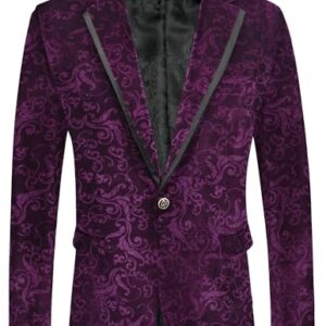 COOFANDY Velvet Blazer Men Floral Tuxedo Jacket One Button Velour Jackets for Dinner Prom, Purple Retro Floral, L -