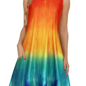 elescat Summer Dresses for Women Casual Beach Sleeveless Sundress Scoop Neck Swing Tank Dress with Pocket(Orange Blue Tie Dye, L) -