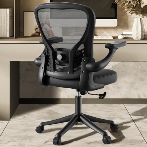 Computer Desk Chair with Wheels, Mesh Office Chair with Flip Up Arms, Adjustable Lumbar Support, Swivel Desk Chair Comfy, Black -