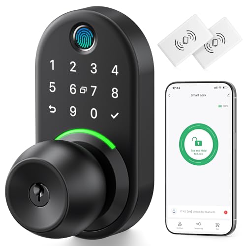Keypad Smart Door Lock with Knob, Yamiry Keyless Entry Digital Lock with Handle, Fingerprint Electronic Knob for Front Door, Generate Passcode Remotely, Easy Installation -