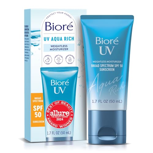 Bioré UV Aqua Rich Daily Hydrating Facial Moisturizer with SPF 50 | Oil Free Sunscreen & Primer for Makeup with Hyaluronic Acid, No White Cast, Non-Comedogenic, For Sensitive Skin, PA++++, 1.7 Oz -