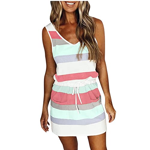 Qeaghou Summer Dresses for Women 2025 Casual Loose Sling V Neck Mini Dress Trendy Striped Drawstring Sundresses with Pockets -