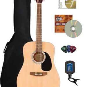 Fender Dreadnought Acoustic Guitar - Natural Bundle with Gig Bag, Tuner, Strings, Picks, Fender Play Online Lessons, and Austin Bazaar Instructional DVD -