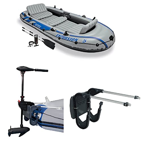Intex Excursion 5 Person Inflatable Boat Set with 2 Aluminum Oars and Pump, Intex 12V Transom Mount Boat Trolling, and Motor Mount Kit -