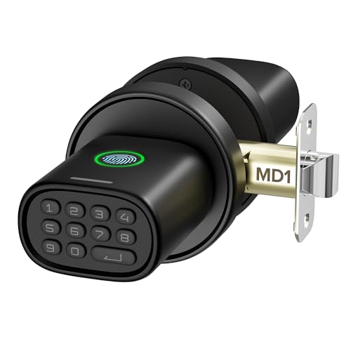 ThorBolt Keyless Entry Door Lock, Fingerprint Door Lock with Keypad Biometric Door Knob, Auto-Lock for Interior Doors Thickness up to 2-1/4", Bedroom, Home Office, Garage, 4xAA Alkaline, MD1 Black -