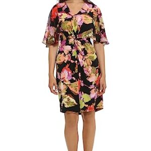 London Times Womens Dresses Flutter Sleeve Twist Front Jersey and Chiffon Guest of Polished Feminine, Black/Flame, 12 US -