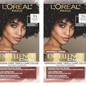 L’Oreal Paris Excellence Universal Nudes Permanent Hair Color, Ammonia Free Hair Dye for Gray Hair Coverage, 1N Natural Black, 1 Hair Dye Kit (Pack of 2) -