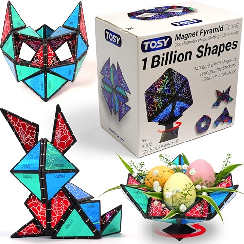 TOSY Magnet Pyramid Stone - 1 Cube Transforms into 1 Billion Shapes, 12 Pieces, 243 Rare Earth Magnets, Holographic Design Magnet Tiles Creative Puzzle STEAM Toy -