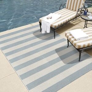 LEEVAN Outdoor Patio Rug 3x5, Washable Striped Front Porch Mat, Spring Colorful Outside Entryway Rug, Woven Welcome Doormat Blue and White Buffalo Backyard Layered Mat for Entrance/Go Away/Deck -