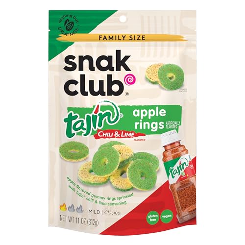 Snak Club Tajin Apple Rings Gummy Candy, Fruit Candy Gummies with Chili and Lime Seasoning, Mild, Gluten-Free and Vegan Snacks, 11 oz Resealable Bag -
