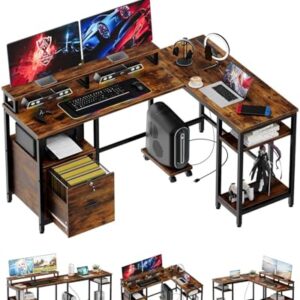 IDEALHOUSE L Shaped Office Desk, 67" Home Office Desks with File Drawer & Power Outlet, Gaming Desk with Mobile CPU Stand, Computer Desks with Monitor Shelf, Printer Storage Shelves, Brown -