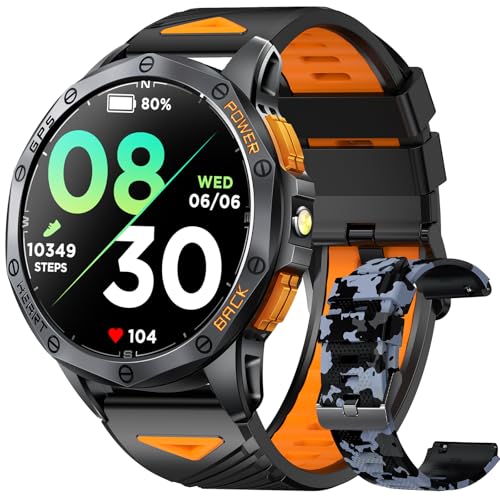 Military Smart Watches Built-in GPS, 170+ Sport Modes for Men with Flashlight, Smartwatch for Android Phones and iPhone, 1.43" AMOLED Screen Bluetooth Call Compass Altimeter (Black & Camo (2 Bands)) -