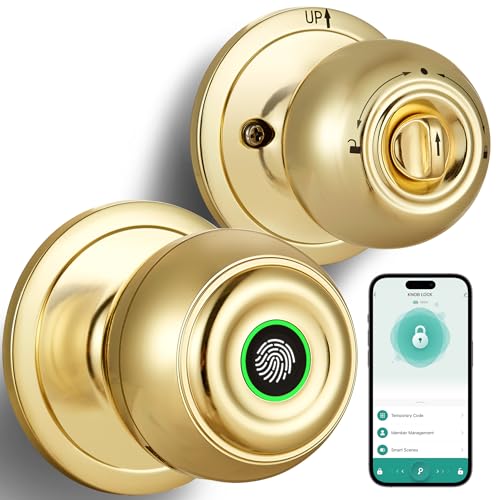Fingerprint Door Lock, Smart Fingerprint Door Knob with Lock, Biometric Door Lock with App Control & Key, Keyless Thumbprint Entry Door Lock for Bedroom, Front Door, Home, Apartment Office-Satin Brass -