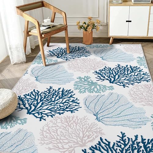 Coastal Area Rug Beach Rugs Non-Slip Nautical Coral Machine Washable Rugs Modern Floor Carpet for Bathroom Laundry Bedroom Living Room, 3x5 -