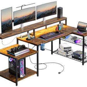 Bestier 71.5 inch Computer Desk with Power Outlets, LED Large Home Office Desk with Monitor Stand, L Shaped Corner Desk with Printer Stand Adjustable Shelf, Cup Holder & Headset Hooks, Brown -