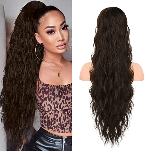 SEIKEA 26" Ponytail Extension Drawstring Ponytail，PT003 Eva for Women Long Thick Wavy Clip in Hair Extensions Ponytail Natural Soft Synthetic Hairpiece for Women Dark Chocolate Brown -