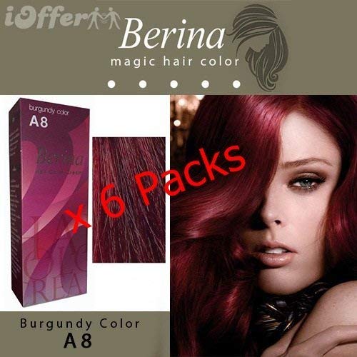 Berina A8 Burgundy Hair Dye Color Cream Dye 60 G. Pack of 6 Super Permanent Fashion Unisex containing an innovative component which protects and provides glamor color to hair as desired -