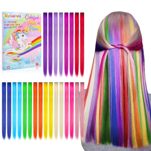 24PCS Colored Clip in Hair Extensions Birthday Gift for Girls Age 4 5 6 7 8-10-12 Year Old, 20Inch Colorful Hair Accessories Rainbow Hairpieces Christmas Stocking Stuffers for Girls Easter Valentines -