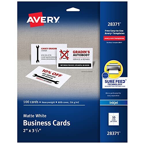 Avery Printable Business Cards with Sure Feed Technology, 2" x 3.5", White, 100 Blank Business Cards, Inkjet Printer Paper (28371) -