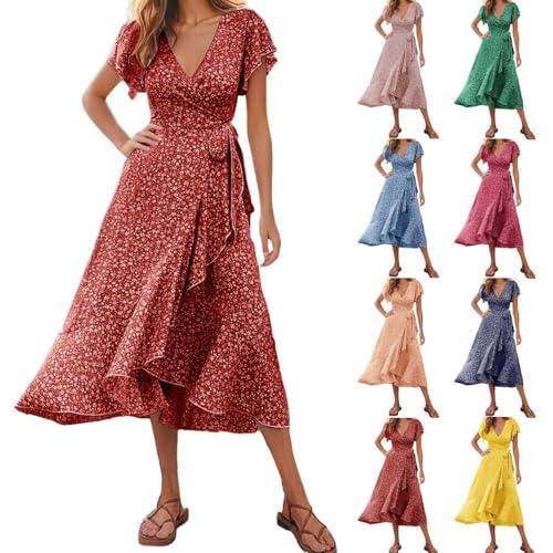 Bestidos, Italian+Dress, Boho Summer Dresses for Women, 2025 Trendy Plus Size Short Sleeve V Neck Floral Sundresses, Casual Boho Beach Vacation Clothes Red -