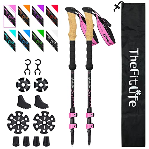 TheFitLife Carbon Fiber Trekking Poles – Collapsible and Telescopic Walking Sticks with Natural Cork Handle and Extended EVA Grips, Ultralight Nordic Hiking Poles for Backpacking Camping (Pink) -