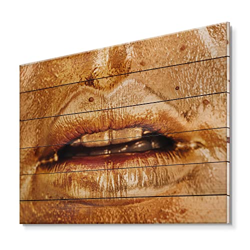 DesignQ Close Up Of Woman Lips With Bright Golden Makeup Modern & Contemporary Wood Wall Decor, Orange Wood Wall Art, Large People Wood Wall Panels Printed On Natural Pine Wood Art -