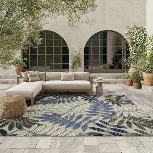 Nourison Aloha Indoor/Outdoor Grey/Blue 7'10" x 10'6" Area Rug, Easy Cleaning, Non Shedding, Bed Room, Living Room, Dining Room, Backyard, Deck, Patio (8x11) -