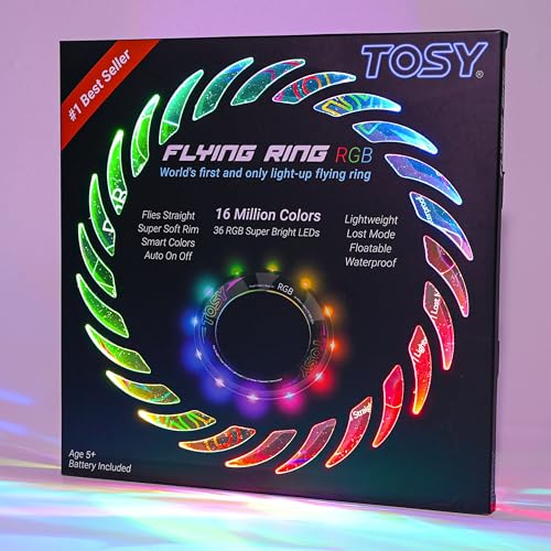 TOSY Flying Ring - 16 Million Color RGB LEDs, Super Bright, Lost Mode, Auto Light Up, Camping Essentials for Kids/Teens/Boy/Girl, Safe & Soft, Waterproof, Pool/Beach Games, Lightweight Toy -