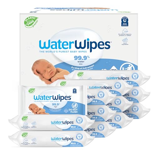 WaterWipes Plastic-Free Original Baby Wipes, 99.9% Water Based Wipes, Unscented & Hypoallergenic for Sensitive Skin, 60 Count (Pack of 12), Packaging May Vary -