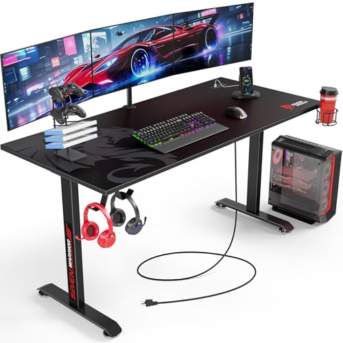 SEVEN WARRIOR Gaming Desk 55’’, T-Shaped Carbon Fiber Surface Computer Desk with Full Mouse Pad, Gamer Desk with Headphone Hook, USB Rack, Cup Holder -