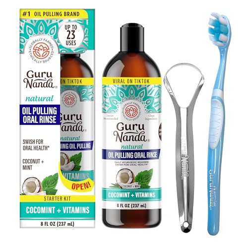 GuruNanda CocoMint Oil Pulling Mouthwash for Complete Oral Hygiene, 7 Essential Oils & Vitamins for Happy Teeth & Gums & Fresh Breath , Alcohol-Free, 8 oz -