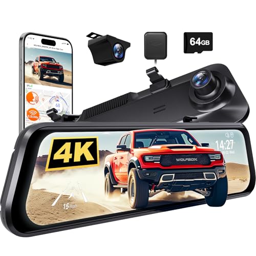 WOLFBOX G850 PRO 4K Mirror Dash Cam with ADAS and BSD, Smart Rear View Mirror with 5.8GHz WiFi, Voice Control, 12 inches Rear View Mirror Camera Includes 64GB Card, GPS, G-Sensor, Loop Recording -