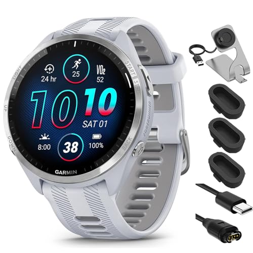 Garmin 010-02809-01 Forerunner 965 Running Smartwatch Whitestone and Powder Gray Bundle with Deco Essentials Charging Dock, Silicone Dust Cover 3 Pack and USB Type C Charging and Sync Cable -