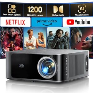 [1200 ANSI/Netflix-Licensed/36W Dolby Audio] Smart Projector with WiFi 6 and 2-Way Bluetooth, Auto Focus & Keystone, TOPTRO X9 4K Supported Outdoor Movie Projector, Gray -
