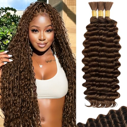Human Braiding Hair for Boho Braids 110g 20 Inch Color 4 Deep Wave Boho Bulk Human Hair for Braiding Knotless 12A Wet and Wavy Bohemian 3 No Weft Bundles/Pack Curly Braids Brown -