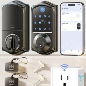 Veise VE017G Wi-Fi Keyless Entry Door Lock with Fingerprint, Remote App Control, Smart Locks for Front Door, Electronic Keypad Deadbolt, Auto Locking, Waterproof, Easy to Install, Matte Black -