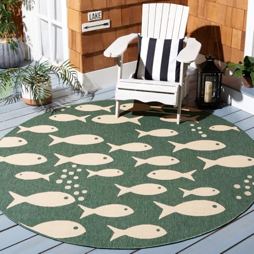 SAFAVIEH Courtyard Collection 6'7" Round Dark Green/Ivory CY6012 Nautical Tropical Coastal Fish Indoor/ Outdoor Waterproof Easy Cleaning Patio Backyard Mudroom Area Rug -