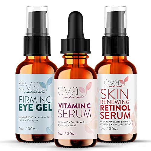 Eva Naturals Facelift in a Bottle - 3-in-1 Anti-Aging Set with Retinol Serum, Vitamin C Serum and Eye Gel - Formulated to Reduce Wrinkles, Fade Dark Spots and Treat Under-Eye Bags - Premium Quality -
