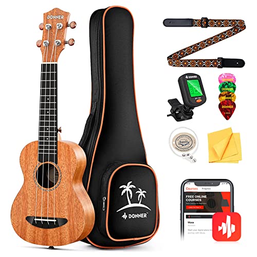 Donner Concert Ukulele Beginner Mahogany 23 Inch Ukelele Kit with Free Online Lesson Gig Bag Strap Nylon String Tuner Picks Cloth DUC-1 Gift Choice -