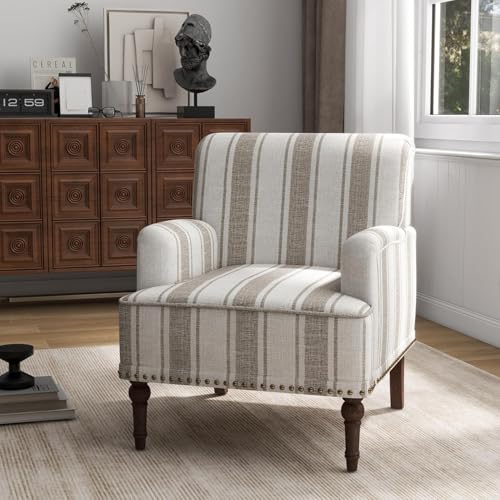 UIXE Stripe Accent Chair, Modern Upholstered Armchair in Fabric for Living Room, Nailhead Trim Club Arm Chair Comfy Single Sofa Bedroom Reading Seat with Wood Legs - Brown -