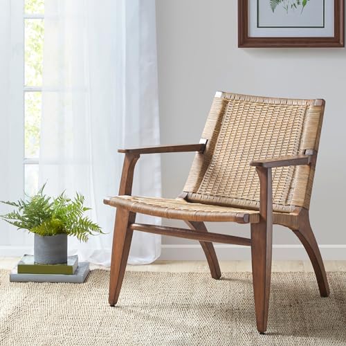 Madison Park Clearwater Natural Accent Chair Solid Wood Frame & Legs, Country Style Armchair, High-Back Design with Ratan Insert, Fully Assembled, 28" W x 29.375" D x 31.375" H -